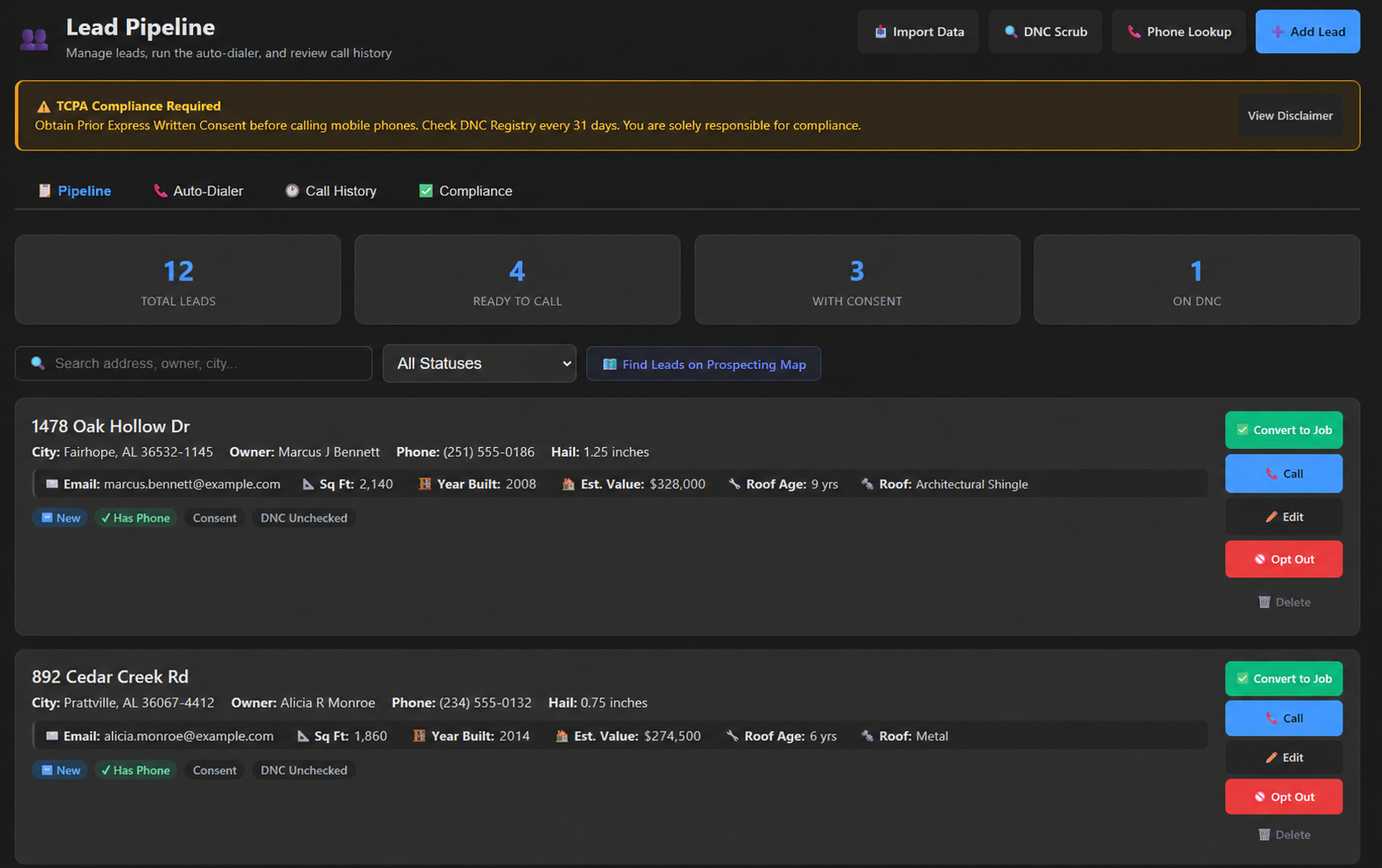 BetterRoofingPro lead pipeline screen with AI calling campaign activity